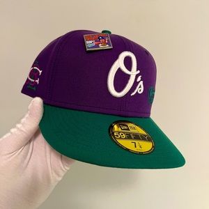 New Era fitted hat Big League Chew Baltimore Orioles Grape purple green 7 1/8